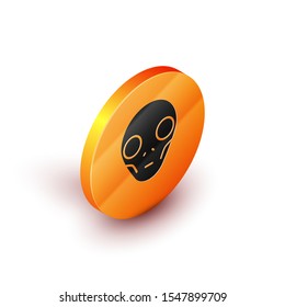 Isometric Alien icon isolated on white background. Extraterrestrial alien face or head symbol. Orange circle button. Vector Illustration