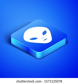 Isometric Alien icon isolated on blue background. Extraterrestrial alien face or head symbol. Blue square button. Vector Illustration