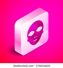 Isometric Alien icon isolated on pink background. Extraterrestrial alien face or head symbol. Silver square button. Vector Illustration