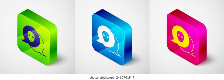 Isometric Alien icon isolated on grey background. Extraterrestrial alien face or head symbol. Square button. Vector