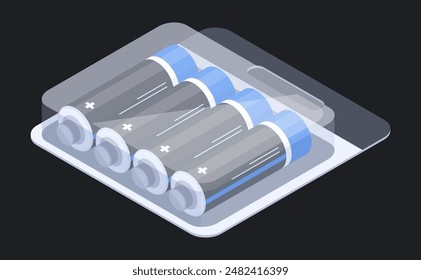 Isometric alkaline batteries pack. Power electricity elements, energy power metallic alkaline accumulators 3d vector illustration. Batteries package