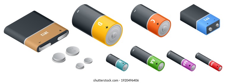 Isometric Alkaline Battery, Accumulators. Alkaline cylinder, accumulator and coin cells. Group of different size colour batteries isolated on white background
