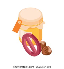 Isometric allergens icon with prohibited jar of honey and nuts 3d vector illustration