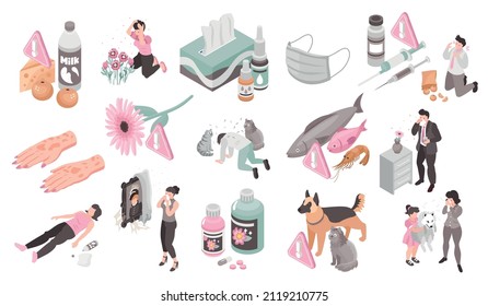 Isometric Allergy Color Set Of Isolated Compositions With Icons Of Allergen Pets Food Medication And People Vector Illustration