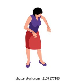 Isometric allergy composition with character of woman got hives on skin on blank background vector illustration