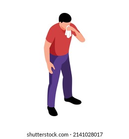 Isometric allergy composition with human character of man sneezing in cloth on blank background vector illustration