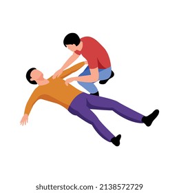 Composición de alergia isométrica con personajes humanos del hombre mentiroso y la ayuda a aparearse en ilustración vectorial de fondo en blanco