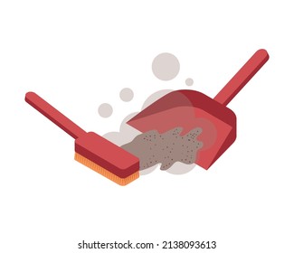 Isometric allergy composition with isolated image of dust cloud tray and whisk broom on blank background vector illustration