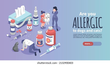 Isometric allergy horizontal banner with editable text more button and icons of medication with allergen pets vector illustration