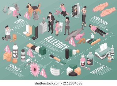 Isometrische Allergie horizontale Zusammensetzung mit Symbolen der Allergenmedikation mit Menschen und Balkenkarten mit Text, Vektorgrafik