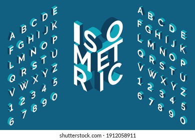 Isometric alphabet. 3d bold uppercase latin letters and numbers, geometric futuristic typography, cubic straight block english font different angles, simple abc isometry collection vector isolated set