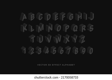 Isometric alphabet. 3d effect bold uppercase letters and numbers, geometric typography, straight block english font different angles