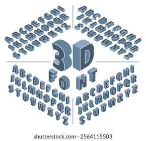 Isometric alphabet. 3D font design. Different angles or projections. Typography letters. Three dimensional Latin ABC. Geometric uppercase typeset. 90s style alphabetical