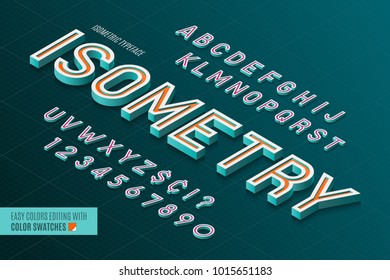 Isometric alphabet. 3d letters and numbers. Color swatches control.