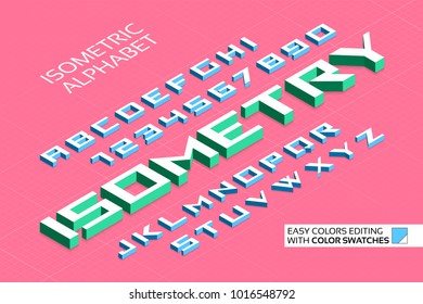 Isometric alphabet. 3d letters and numbers. Color swatches control.