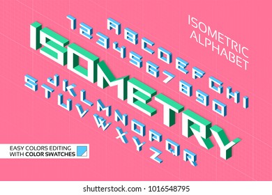 Isometric alphabet. 3d letters and numbers. Color swatches control.