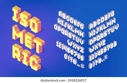 Isometric alphabet. 3D perspective letters numbers and symbols, modern geometric typeface, decorative typography collection. Vector isolated set. Exclamation and question marks, dots