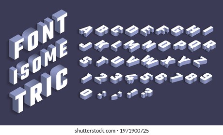 Isometric alphabet. 3d white letters and numbers with shadow, type in isometric projection. 80s futuristic retro typeface Vector font. Bold letters, geometric modern or trendy typography