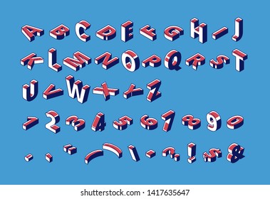 Isometric alphabet, abc, numbers and punctuation Uppercase letters, typography font with halftone polka dot pattern standing and lying in raw. 3d elements, signs, symbols Vector illustration, line art