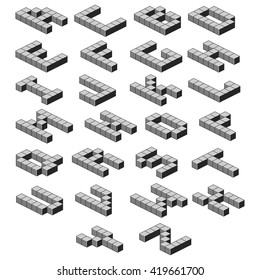 Isometric alphabet. Black and White abc. Volumetric letters. Vector Illustration