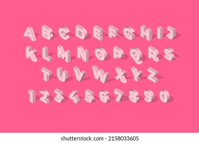 Schriftart des isometrischen Alphabets. 3D fett gedruckte lateinische Buchstaben und Zahlen, geometrische futuristische Typografie, kubische Gerade Block englische Schriftart verschiedene Winkel, einfache Abc-Isoometrie-Sammlung Vektorisolat