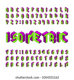 Isometric alphabet font. 3d effect letters and numbers. Isolated on white background. Stock vector typeface for any typography design.
