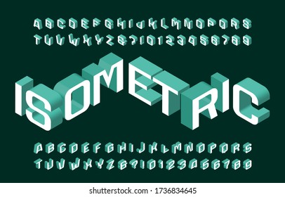 Isometric alphabet font. 3d effect wide letters and numbers. Stock vector typescript for your typography design.