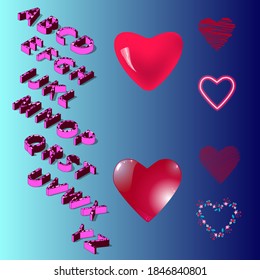 Schriftart des isometrischen Alphabets. 3D-Effekt-Buchstaben, Symbole mit Schatten. Buchstaben mit Muster. Herz, Neonherz.