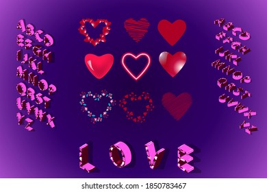 Isometric alphabet font. 3d effect letters, symbols with shadows. Letters with pattern. Hearts, neon heart. Shining letters.
