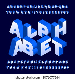 Isometric alphabet font. Three-dimensional effect bold letters and numbers. Stock vector typeface for your design.