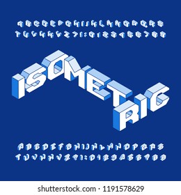 Isometric alphabet font. Three-dimensional effect uppercase letters and numbers. Stock vector typefset for your design.