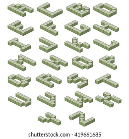 Isometric alphabet. Green abc. Volumetric letters. Vector Illustration