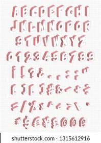 Isometric alphabet with letters, numbers, orthographical and mathematical symbols, currency icons and so on. 71 symbols set Vector illustration.