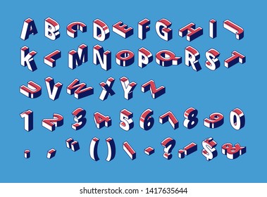 Isometric alphabet, numbers and punctuation with halftone dotted pattern standing and lying in raw on blue background. Abc letters, typography 3d elements, signs, symbols Vector illustration, line art