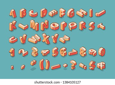 Isometric alphabet, numbers and punctuation marks standing and lying in raw on blue retro colored background. Abc letters, typography 3d elements, signs, symbols. Vector illustration in line art style