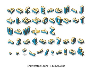 Isometric alphabet, numbers and punctuation marks, abc uppercase letters, typography standing and lying in row on white background. 3d elements, signs, symbols. Vector illustration in line art style