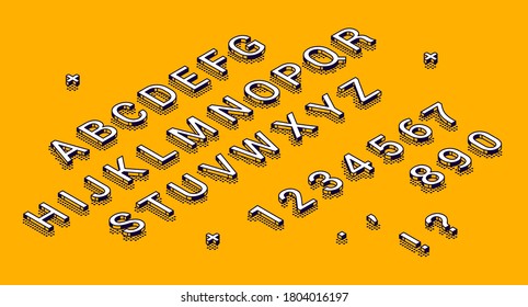 Isometric alphabet, numbers and punctuation marks lying in row on yellow background. Abc uppercase letters and digits typography 3d elements, signs, symbols. Vector characters in line art style Set