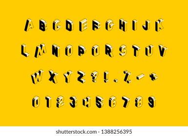 isometric alphabet on yellow background. trendy vintage vector capital letters, numbers and signs easy to edit and customize. eps 10