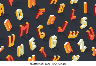 Isometric alphabet seamless pattern, vector abc of 26 letters