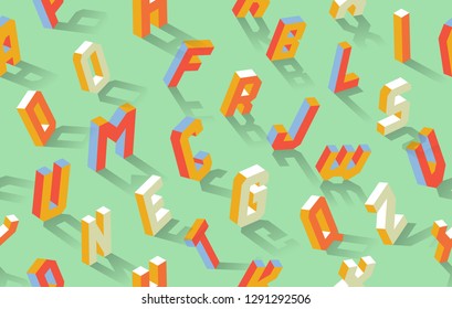 Isometric alphabet seamless pattern, vector abc of 26 letters