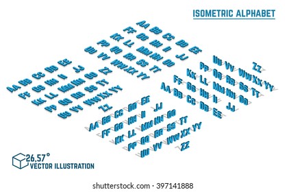 Isometric alphabet vector font. Isometric small and capital letters, numbers and symbols. Three-Dimensional stock vector typography for headlines, posters etc.