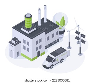 Isometric alternative energy factory with wind and solar energy. Renewable energy plant building, solar battery panels eco power station 3d vector illustration. Green energy factory concept