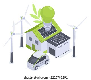 Isometric alternative energy, house with wind and solar energy. Renewable energy residential building and electro car, solar battery panels 3d flat vector illustration on white background