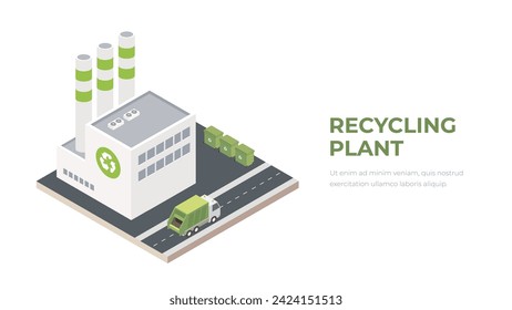 Isometric alternative energy. Recycling plant. Renewable energy plant building, battery panels eco power station 3d vector illustration. Green energy factory concept.