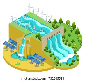 Isometric alternative energy sources concept with hydroelectric power station windmills and solar panels vector illustration 