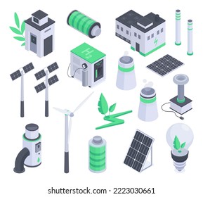 Isometrische alternative Energiequellen, Solarbatterien und Windkraftanlagen. Grüne erneuerbare Energien, Elektroautos und Windgeneratoren 3D Vektorgrafik Sammlung. Alternativer grüner Energievorrat