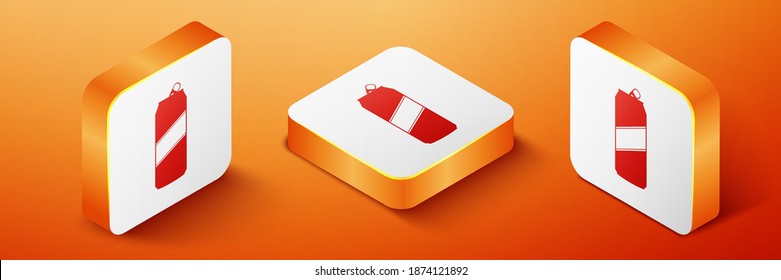 Isometric Aluminum can icon isolated on orange background. Orange square button. Vector.