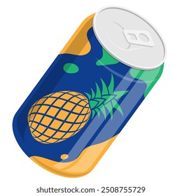 Lata de aluminio isométrica con refresco de piña. Almacenar cócteles y refrescos en un frasco. Vector 3D aislado en el fondo blanco