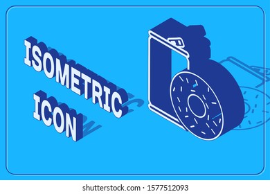 Isometric Aluminum can soda and donut icon isolated on blue background. Fast food symbol.  Vector Illustration