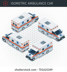 Isometric ambulance car. 3d vector transport icon. Highly detailed vector illustration